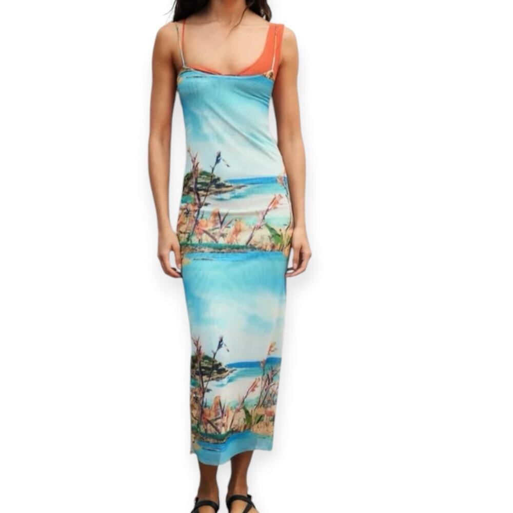NWT Zara Tropical Island Mesh Slip Dress Size Large Blogger Fav